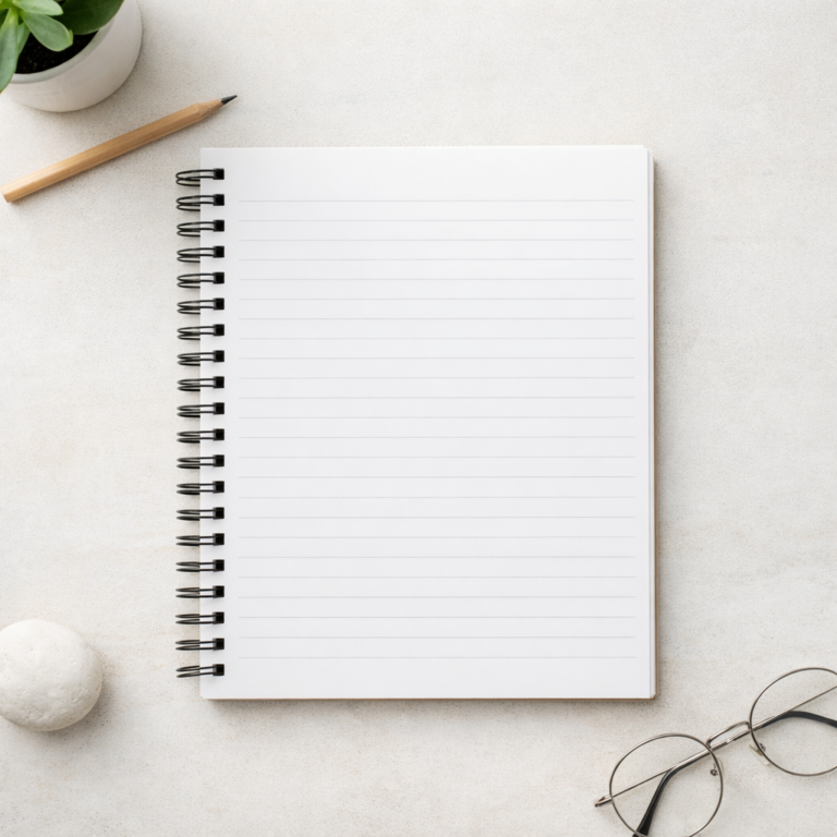 Minimalist home office desk with a notebook representing a one-page budget plan.