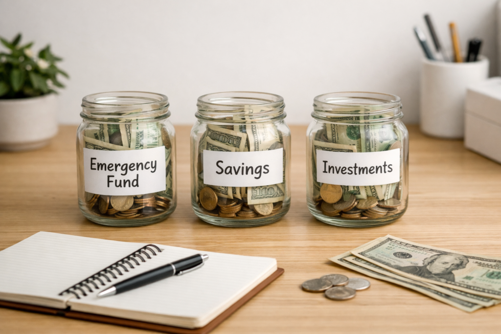 Three glass jars and dollar