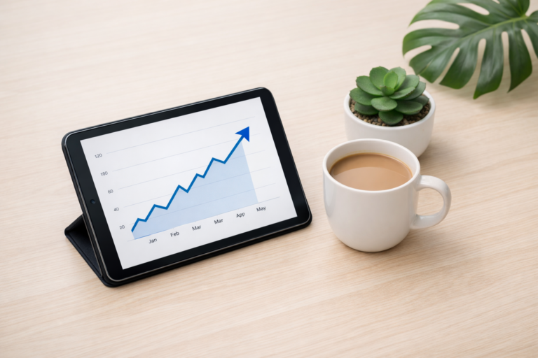 A minimalist workspace showing a tablet displaying a clean financial automated system pipeline. automate your money