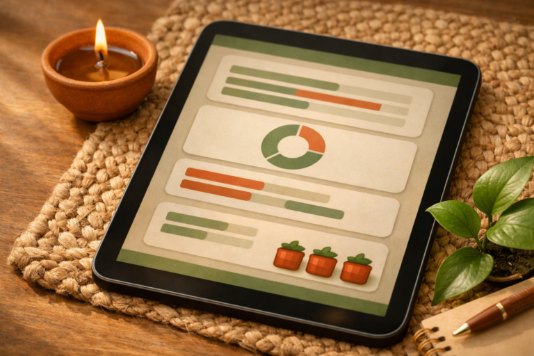 Digital goal tracker interface with progress bars for saving and money goals in sage green and terracotta tones