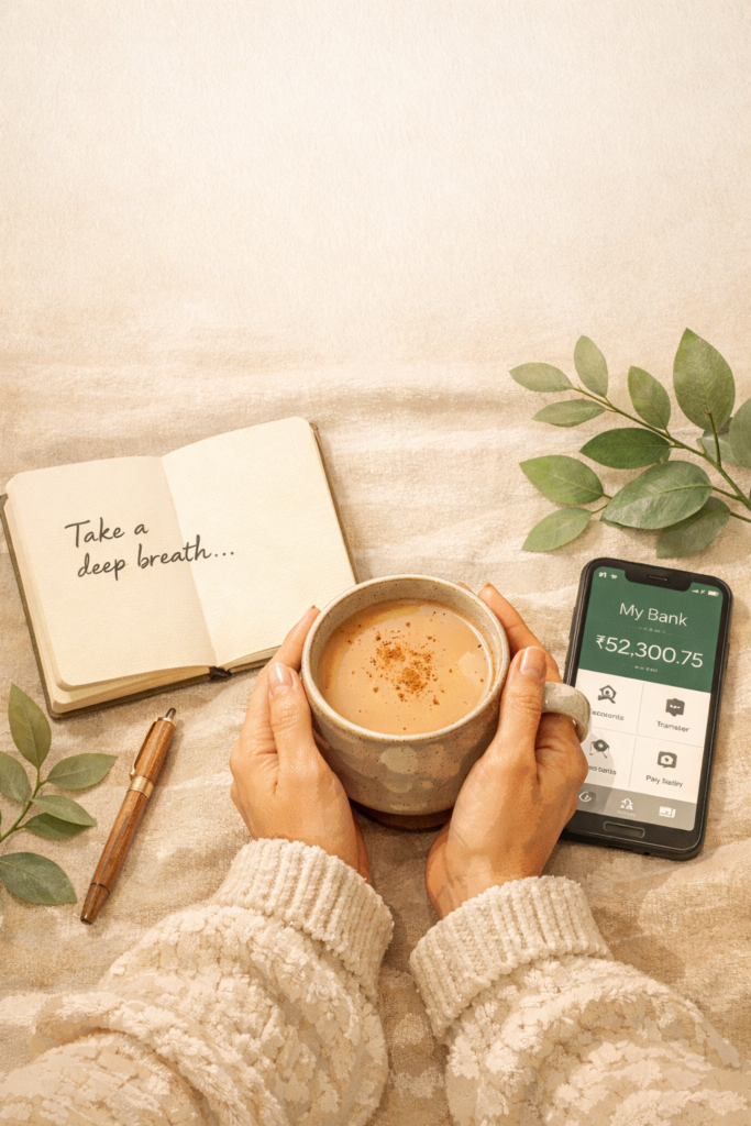 A cozy flat-lay of a woman's hands holding a cup of chai beside an open notebook with a handwritten money note and a phone showing a banking app, surrounded by green leaves — representing calm and mindful money management.