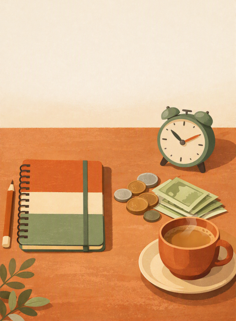 Your Money or Your Life book summary concept showing home budgeting notebook
