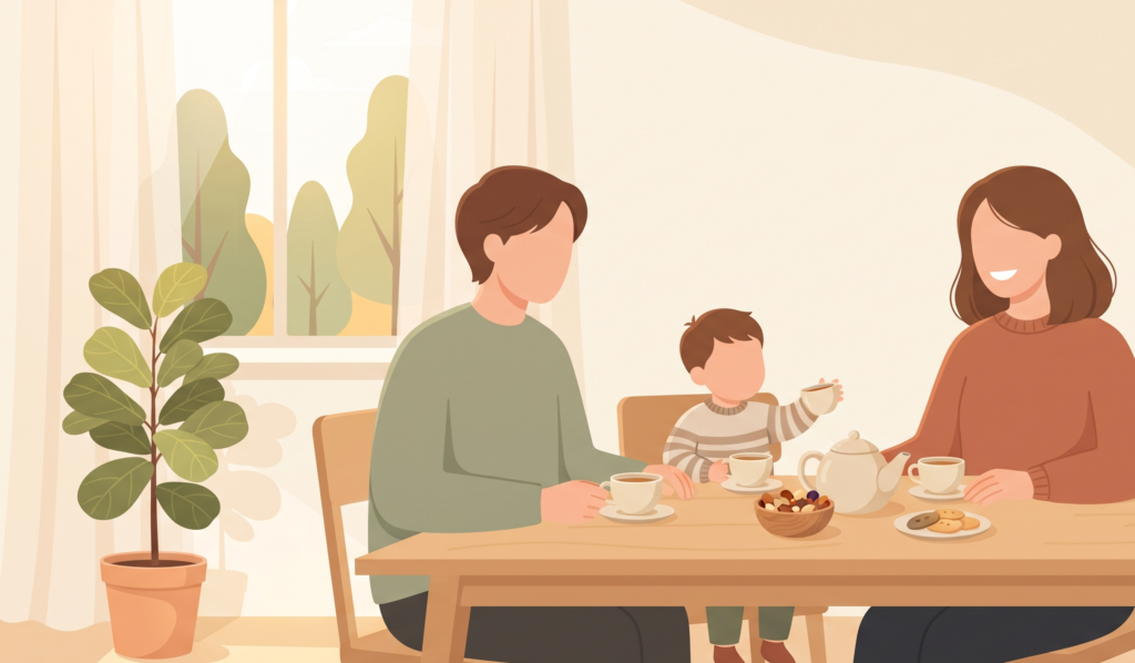 Family sharing tea and conversation during a relationship reset before the new year