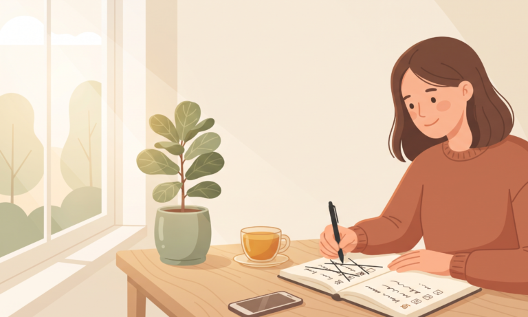 Woman writing a stop doing list in a notebook at a sunny desk